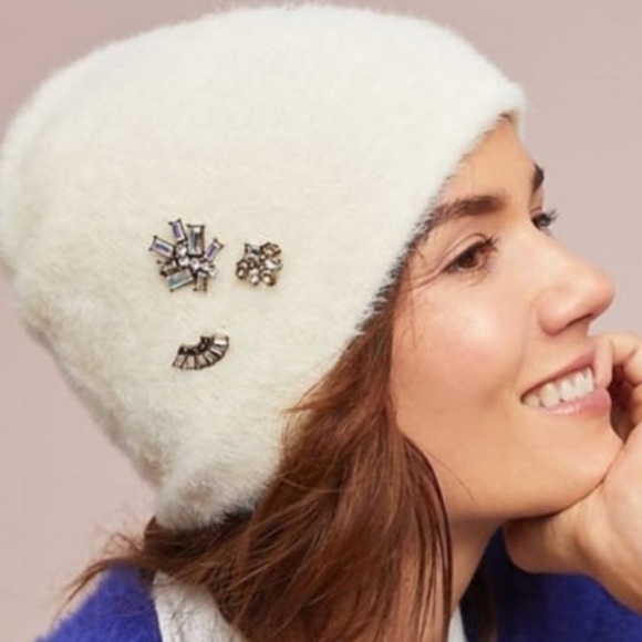 Anthropologie Accessories - Anthropologie Sleeping on Snow Ivory Jewel Embellished Eyelash Hat Beanie